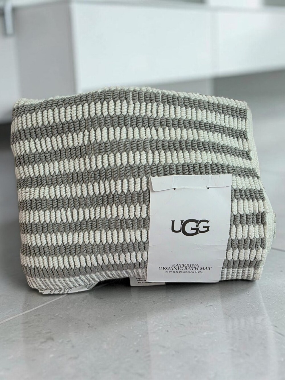 NEW UGG Gray White Stripe Bath Rug 20" X 32" 100% Organic Cotton
